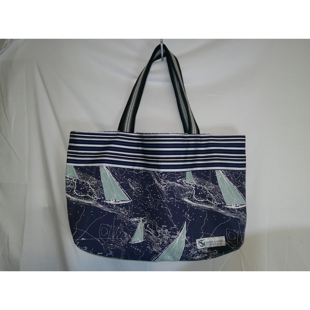 Hippie & Hobo Studios Handmade Nautical Sailboat Map Tote Bag Blue Gingham Lined